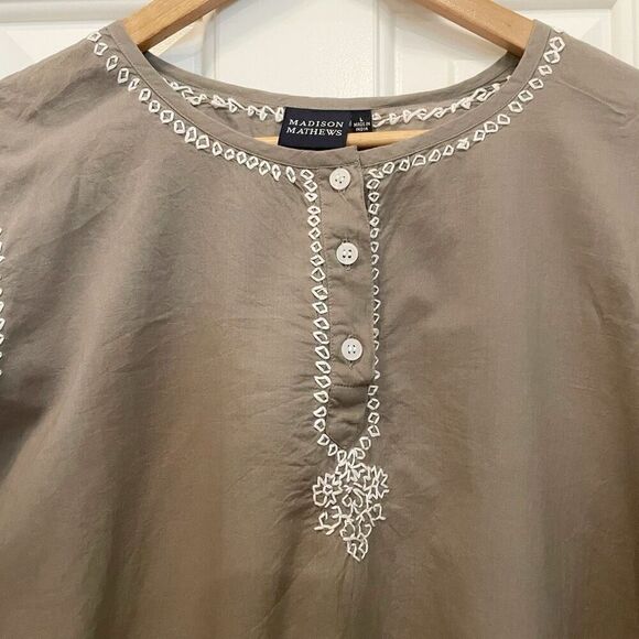 Madison Mathews Tunic Shirt Top Blouse Olive Green Size Large 100% Cotton - Picture 2 of 6